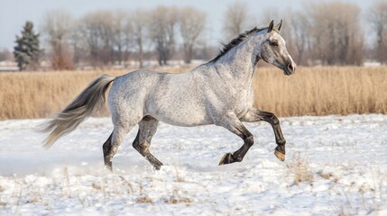 Wall Mural - grey horse running through a snowy field