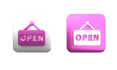 Sticker - Colorful Hanging sign with text Open door icon isolated on white background. Square button. 3D render illustration