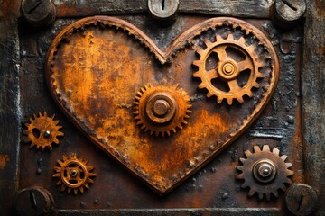 Leinwandbilder - Rusty mechanical heart with gears expressing steampunk love