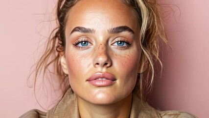 Wall Mural - Natural beauty portrait of woman with freckles and blue eyes, showcasing her unique charm.