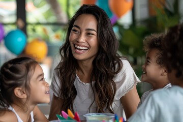 A woman is smiling at two children