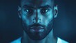 © Zam - Close-up portrait of a serious young man with beard, illuminated by blue light.