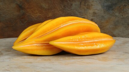 Sticker - Close-up of Three Ripe Yellow Star Fruits on Wooden Surface