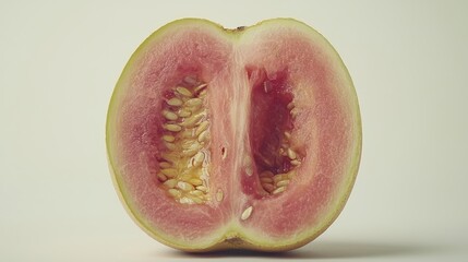 Sticker - Close-up of a vibrant pink guava, halved to reveal its numerous small seeds against a clean white background. The image emphasizes the fruit's juicy texture and natural details.