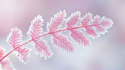 Wall Mural - Pink frost-covered fern frond close-up.