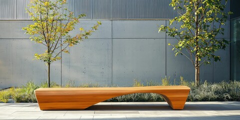 Wall Mural - A modern wooden bench with a sleek design, placed in an urban outdoor space.