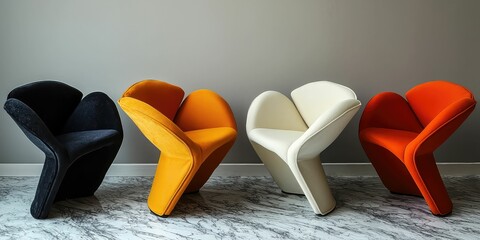 Wall Mural - A set of modern dining chairs with unique geometric shapes and bold colors.