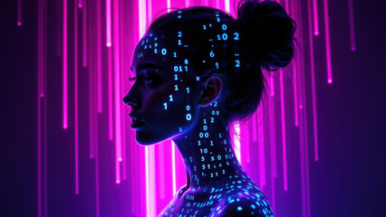A futuristic concept illustration of an AI-powered humanoid with digital code overlaying its body against a neon purple background.