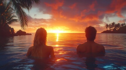 Wall Mural - Couple watching sunset in tropical ocean.