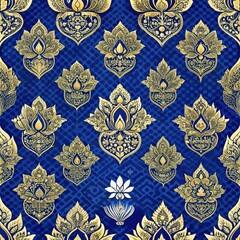 Wall Mural - A vibrant blue fabric featuring intricate gold floral patterns, showcasing lotus motifs and ornate designs that evoke elegance and sophistication.