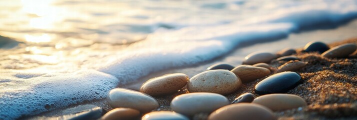 Poster - Close up view of smooth beach pebbles with gentle waves washing over them in a serene coastal setting. Generative AI