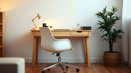 Wall Mural - Home Office Serenity: A minimalist home workspace featuring a light wood desk, a white ergonomic chair, a desk lamp, and a potted plant, creating a calm and productive atmosphere.