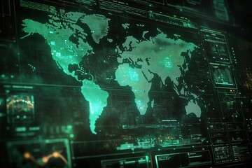 futuristic world map displayed on a digital screen with data overlays.