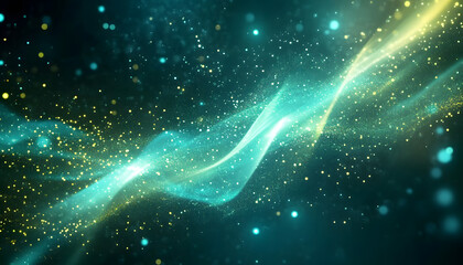 Wall Mural - background with glowing light blue and green lines, particles of data flowing in the air.