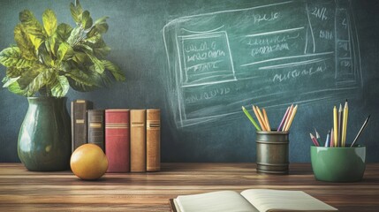 Wall Mural - Creative workspace with greenery, books, and art supplies in a cozy study environment during daylight