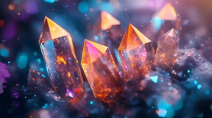 Wall Mural - Fluorescent crystals interspersed with vibrant digital gemstones floating in space with an abstract, glowing, and colorful background