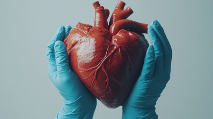 Poster - Realistic anatomical heart gently held in gloved hands against a light backdrop during a medical demonstration. Generative AI