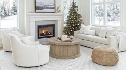 Wall Mural - Cozy winter living room with fireplace, Christmas tree, and comfy seating. Ideal for home decor websites