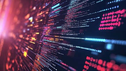 Digital River of Code: Abstract close-up of colorful lines of code cascading down a screen, symbolizing the dynamic world of software development and technological innovation.
