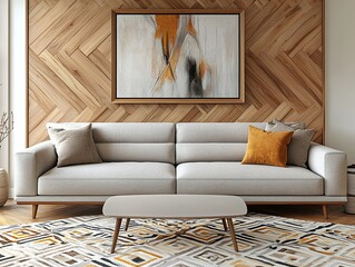 The minimalist interior design is a residential living room with art frames hanging on patterned walls using wood, and sofas and tables. Generative AI
