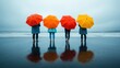 © JoxyAimages - Four individuals, each with their own brightly colored umbrella, stand barefoot on a wet beach, gazing at the sea as it meets a cloudy sky, reflecting unity in diversity.