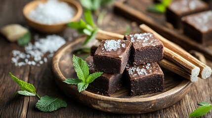 Cracked sugar canes and menthol brownies presented on a rustic wooden plate