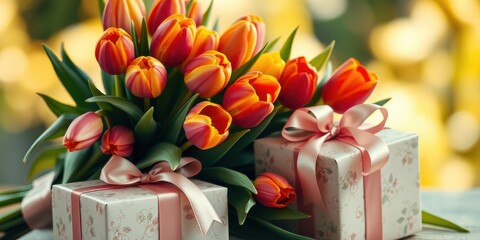 Poster - A bouquet of vibrant tulips arranged beside two elegantly wrapped gifts, showcasing the delicate beauty of nature and the joy of giving.