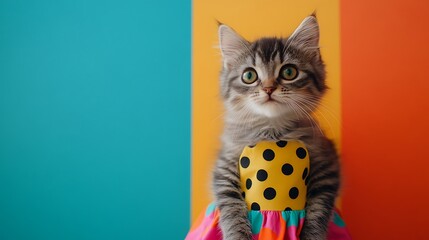 Wall Mural - Furry cat in a polka dot dress perched isolated on a colorful background