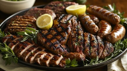 Wall Mural - A beautifully arranged platter of assorted grilled meats, including juicy steaks, tender chicken, and flavorful sausages, garnished with fresh herbs and lemon wedges.