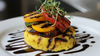 Sticker - A beautifully plated polenta dish, layered with grilled vegetables and drizzled with balsamic reduction, showcasing a vibrant and colorful presentation.