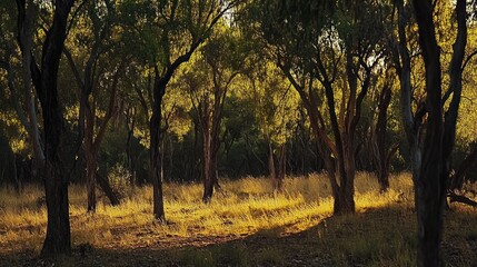 Wall Mural - golden sunlight through the trees in the forest creates a warm peaceful scene