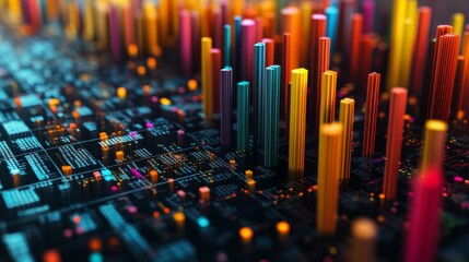 Leinwandbilder - A close-up of a D bar graph on a computer screen, with colorful bars rising from a grid and data points clearly marked, illustrating complex data visualization.