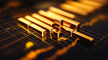Aufkleber - A close-up of a D gold bar chart on a digital screen, with gleaming gold bars rising from a grid, representing financial or investment data with a luxurious touch.