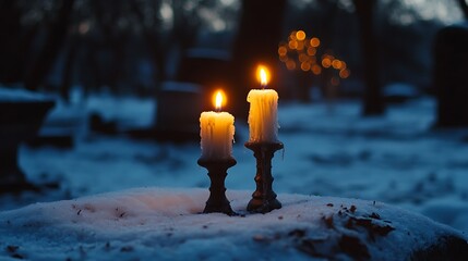 Wall Mural - In a burial ground at evening two burned candles stand in the freezing cold