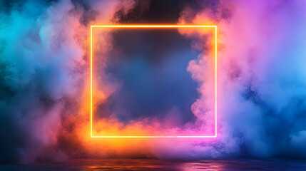 Wall Mural - an eye-catching image of a square frame with neon lights surrounded by colorful clouds of smoke, ble