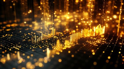 Poster - A close-up of a D gold scatter plot with golden data points floating above a grid, showcasing the distribution of investment values in a high-end, dynamic presentation.