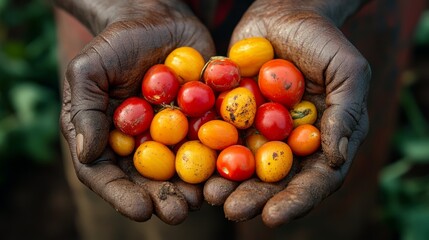 Hands holding freshly picked vibrant tomatoes showcasing farm to table freshness and earthy tones