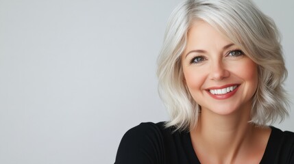 Wall Mural - Smiling woman with light blonde hair showcases her radiant joy in a minimalist setting. Generative AI