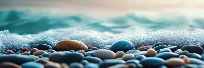 Poster - Close up view of smooth pebbles with gentle waves washing over them at a serene beach during sunset. Generative AI