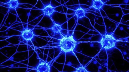 Wall Mural - intricate neural network: glowing blue neurons and synaptic connections in microscopic view