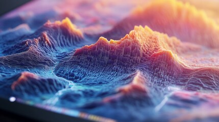 Fototapete - A detailed shot of a D surface graph on a screen, with a topographic appearance and color gradients illustrating complex data relationships and trends.