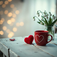 Wall Mural - love themed cup of coffee and flowers on wooden background