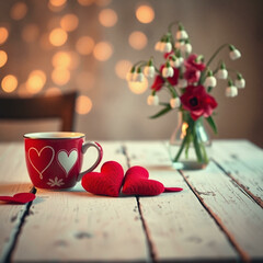 Wall Mural - love themed cup of coffee and flowers on wooden background