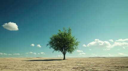 Wall Mural - a lonely tree standing on barren land under a clear blue sky with some clouds