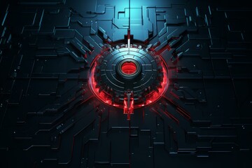 Wall Mural - complex metallic panel with intricate circuitry is powered by a central red glowing core, showcasing