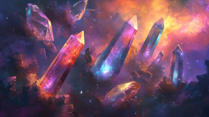 Wall Mural - Fluorescent crystals interspersed with vibrant digital gemstones floating in space with an abstract, glowing, and colorful background