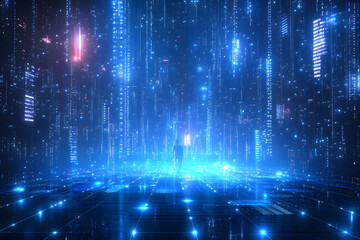 Wall Mural - a digital landscape featuring glowing blue particles and lines, creating an ethereal, futuristic atm