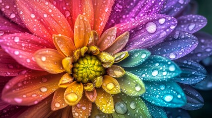 Fototapete - A macro shot of a colorful flower with drops of dew, highlighting the contrast between the vibrant colors and the transparent droplets, evoking a sense of freshness.