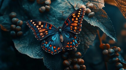 Poster - A macro shot of a butterfly resting on a leaf, with intricate wing patterns and vivid colors, capturing the delicate relationship between insects and plants.