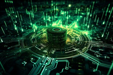 Wall Mural - futuristic quantum computing core processing data on a cyberpunk motherboard, illuminated by glowing